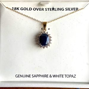 Sapphire and White Topaz 18K gold over sterling silver necklace 18”